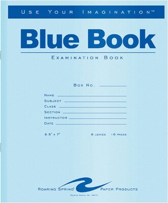 Roaring Spring Blue Book Examination Book; 8 Sheet, 15 lb., Legal/Wide Ruled, 8.50" x 7" White Paper
