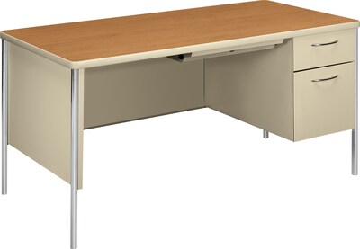 HON® Mentor Series Metal Desks in Harvest Oak/Putty; Single Pedestal Desk; 60