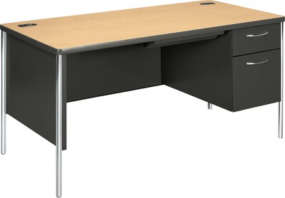 HON® Mentor Series Metal Desks in Natural Maple/Charcoal; 60W Single Pedestal Desk