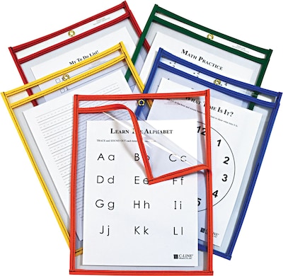 Reusable Dry Erase Pockets, Open On 2 Sides, 9 x 12, Asst. Primary Colors, 25/Pack