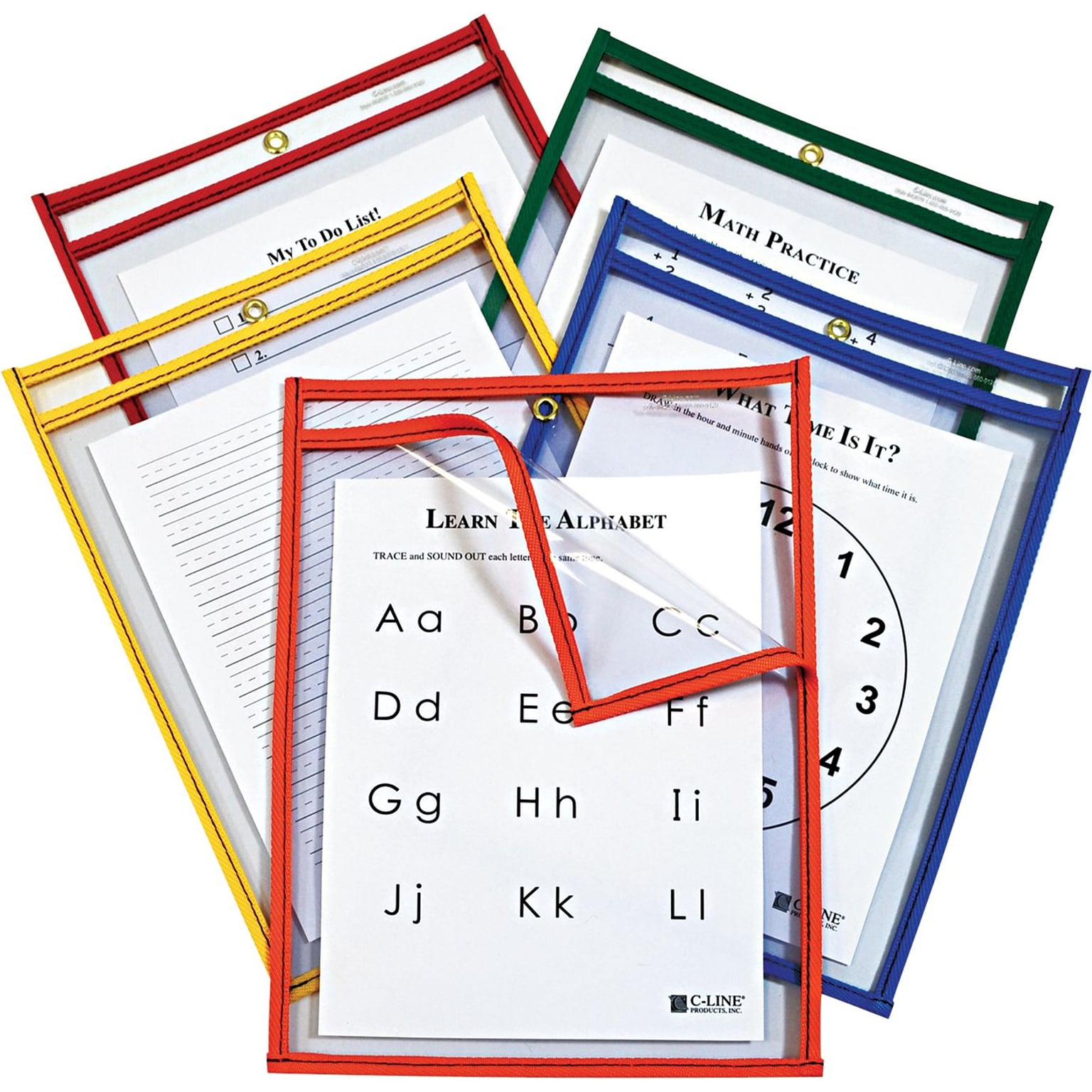 Reusable Dry Erase Pockets, Open On 2 Sides, 9 x 12, Asst. Primary Colors, 25/Pack