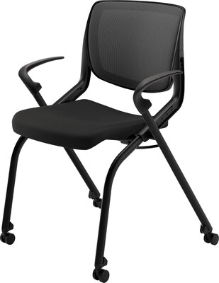 HON Motivate ilira Stretch/Fabric Nesting Stacking Chair, Fixed Arms, Onyx Shell, Black