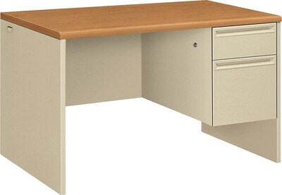 HON® 38000 Series Single Pedestal Desk, Harvest Oak/Putty