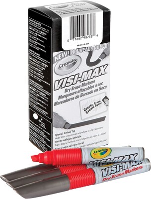 Crayola Visi-Max Dry Erase Markers, Bold Marker Point Type, Chisel Style, Red Ink, 12/Pack