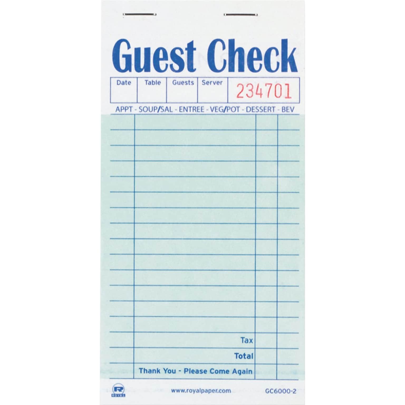 Guest Check Book, Carbon Duplicate, 3 1/2 x 6 7/10, 50/book, 50 Books/Ct