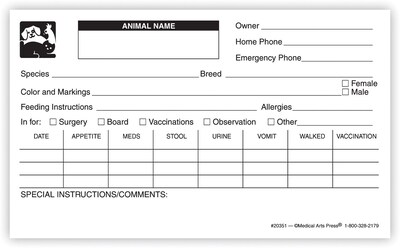 Medical Arts Press® Vet Cage Card; Includes Categories for Post-surgical and Boarding Care, 3x5