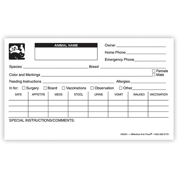 Medical Arts Press® Vet Cage Card; Includes Categories for Post-surgical and Boarding Care, 3x5