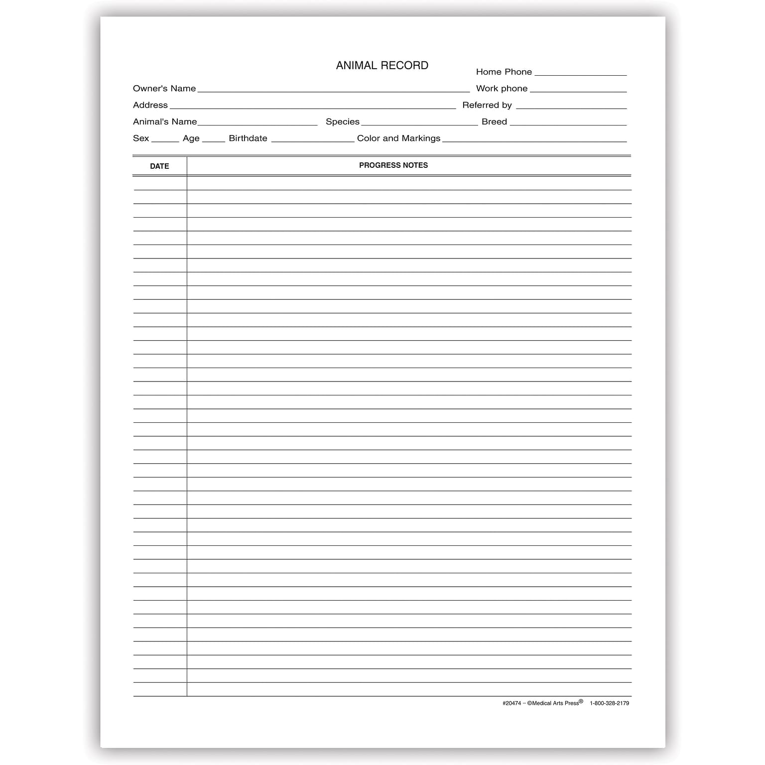 Medical Arts Press® Veterinary Animal Record Progress Notes, Narrow Ruled