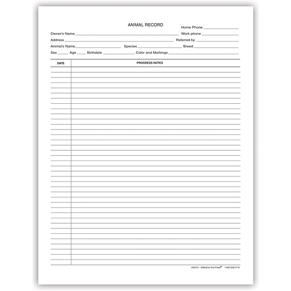 Medical Arts Press® Veterinary Animal Record Progress Notes, Narrow Ruled