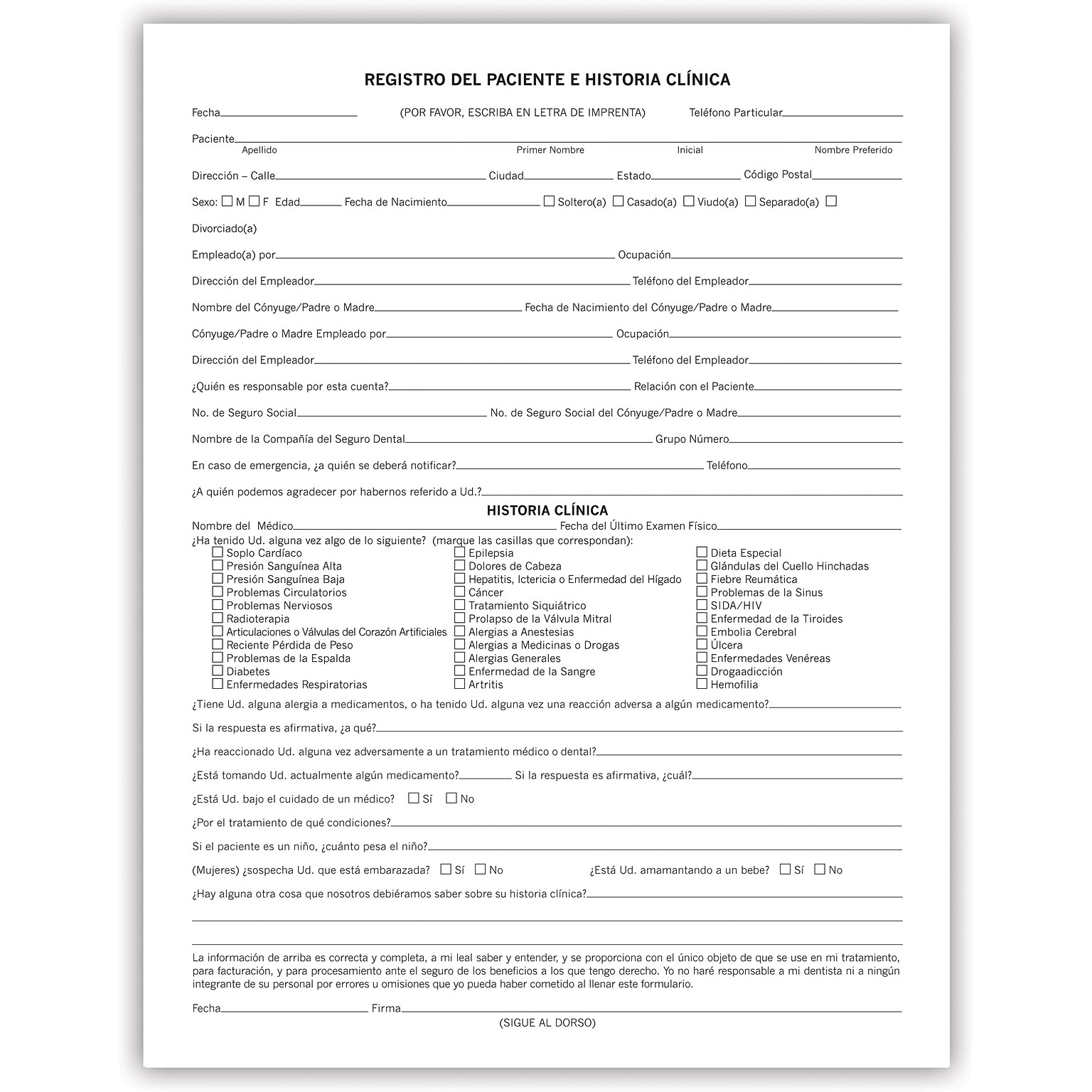 Medical Arts Press Dental Registration and Medical History Form, Spanish (20586)