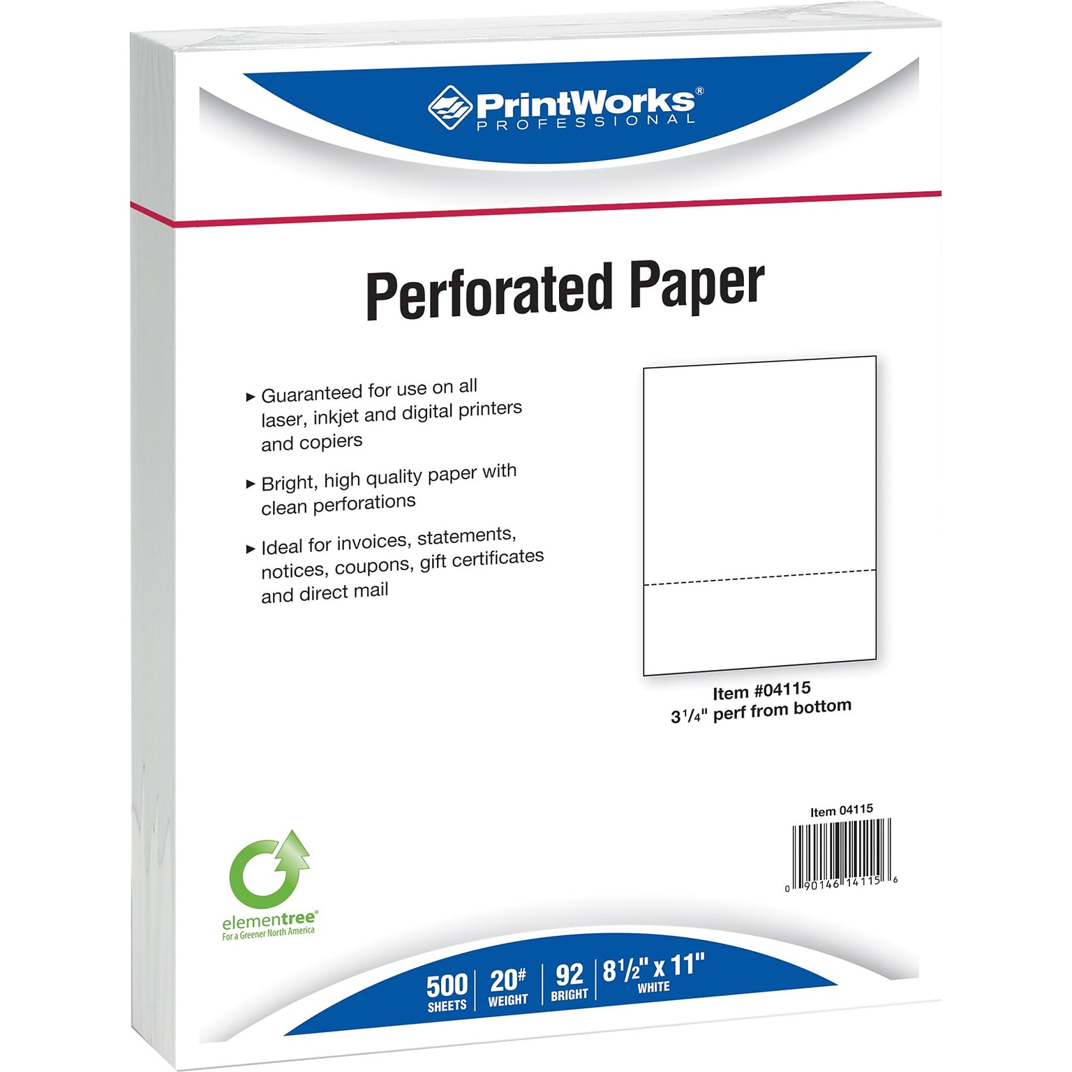 Printworks® Professional 8.5 x 11 Perforated Paper, 20 lbs., 92 Brightness, 2500 Sheets/Carton (04115P)