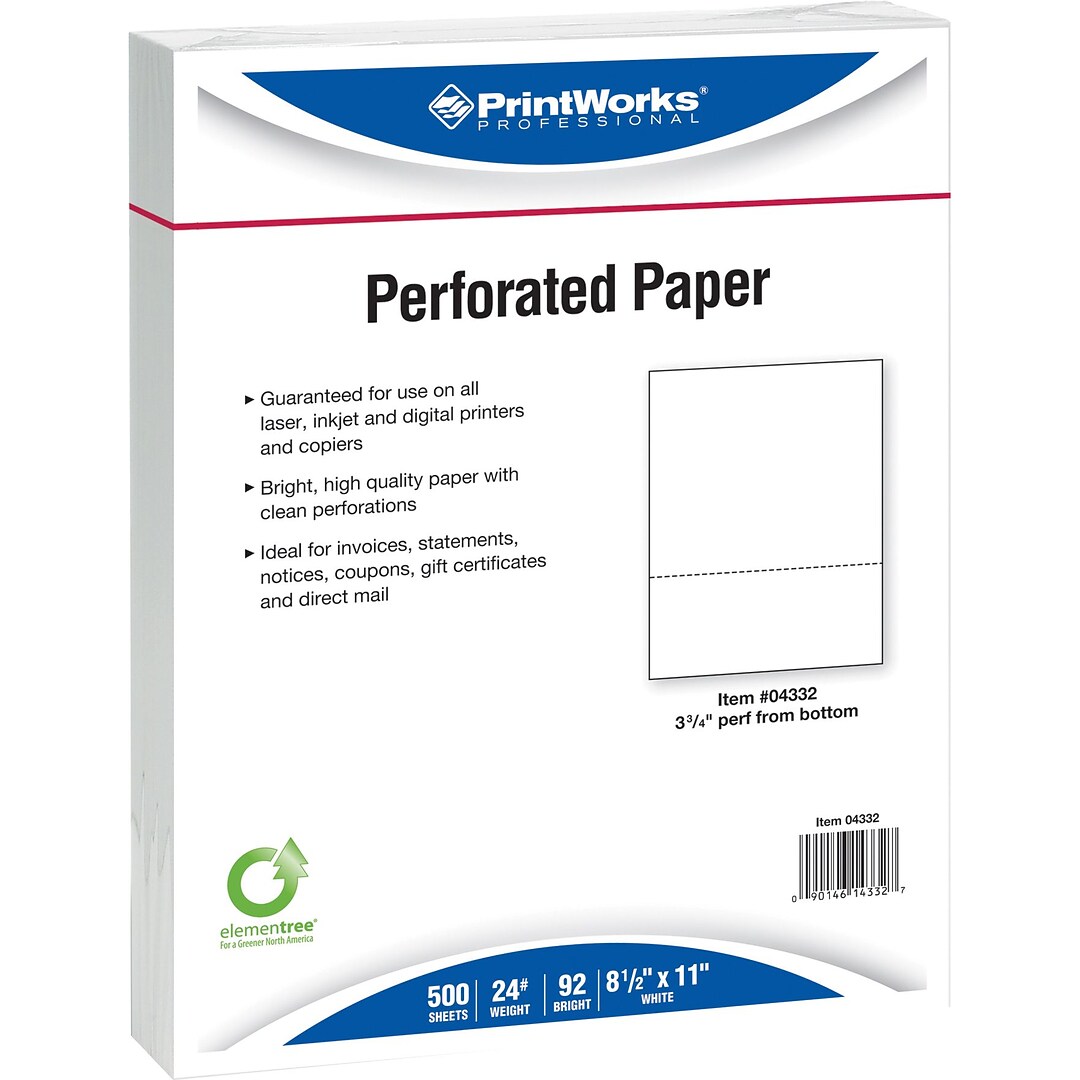 Printworks® Professional 8 1/2" x 11" 24 lbs. Perforated 3 3/4" Paper,  2500/Case | Quill.com