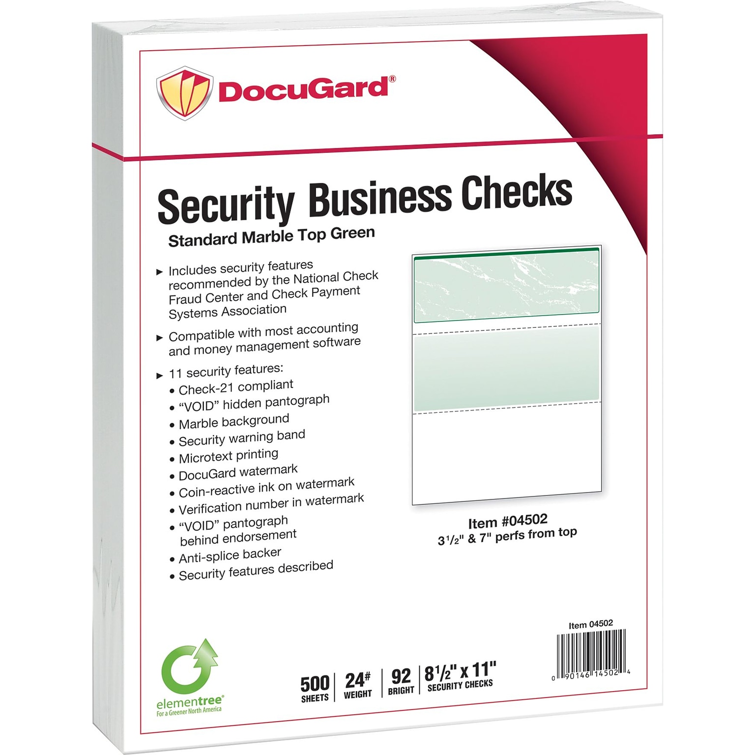 Paris DocuGard Standard 8.5 x 11 Business Security Check On Top, 24 lbs., Green, 500 Sheets/Ream, 2500/Carton (04502P)