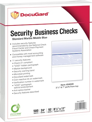 Paris DocuGard Standard 8.5 x 11 Business Security Check In Middle, 24 lbs., Blue, 500 Sheets/Ream