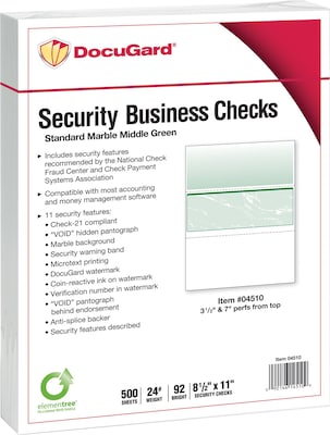 Paris DocuGard® 8 1/2 x 11 24 lbs. Standard Security Business Middle Check Paper, Green, 2500/Case