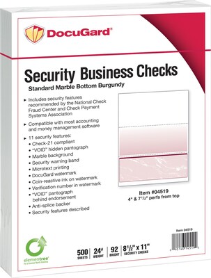 Paris DocuGard® 8 1/2x11 24 lbs. Standard Security Business Bottom Check Paper,Burgundy,2500/Case