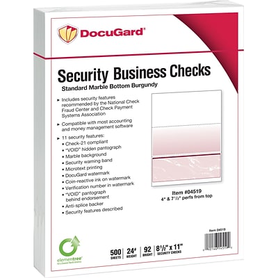 Paris DocuGard® 8 1/2x11 24 lbs. Standard Security Business Bottom Check Paper,Burgundy,2500/Case