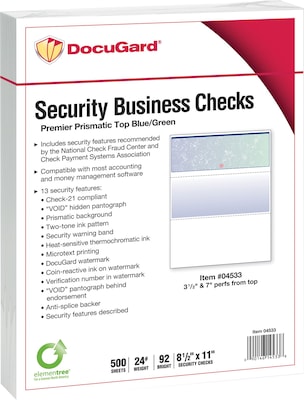 Paris DocuGard® 8 1/2 x 11 24 lbs. Standard Security Business Top Check Paper,Blue/Green,2500/Case