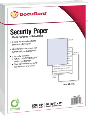 DocuGard® 24 lbs. Standard 2 Features Multi-Purpose Security Paper, 8 1/2 x 11, Blue, 2500 Sheets