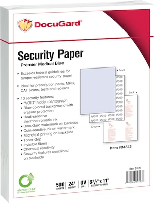 Paris DocuGard Medical Security Paper, 8.5 x 11, 25 lbs., Blue, 500 Sheets/Ream, 2500/Carton (0454