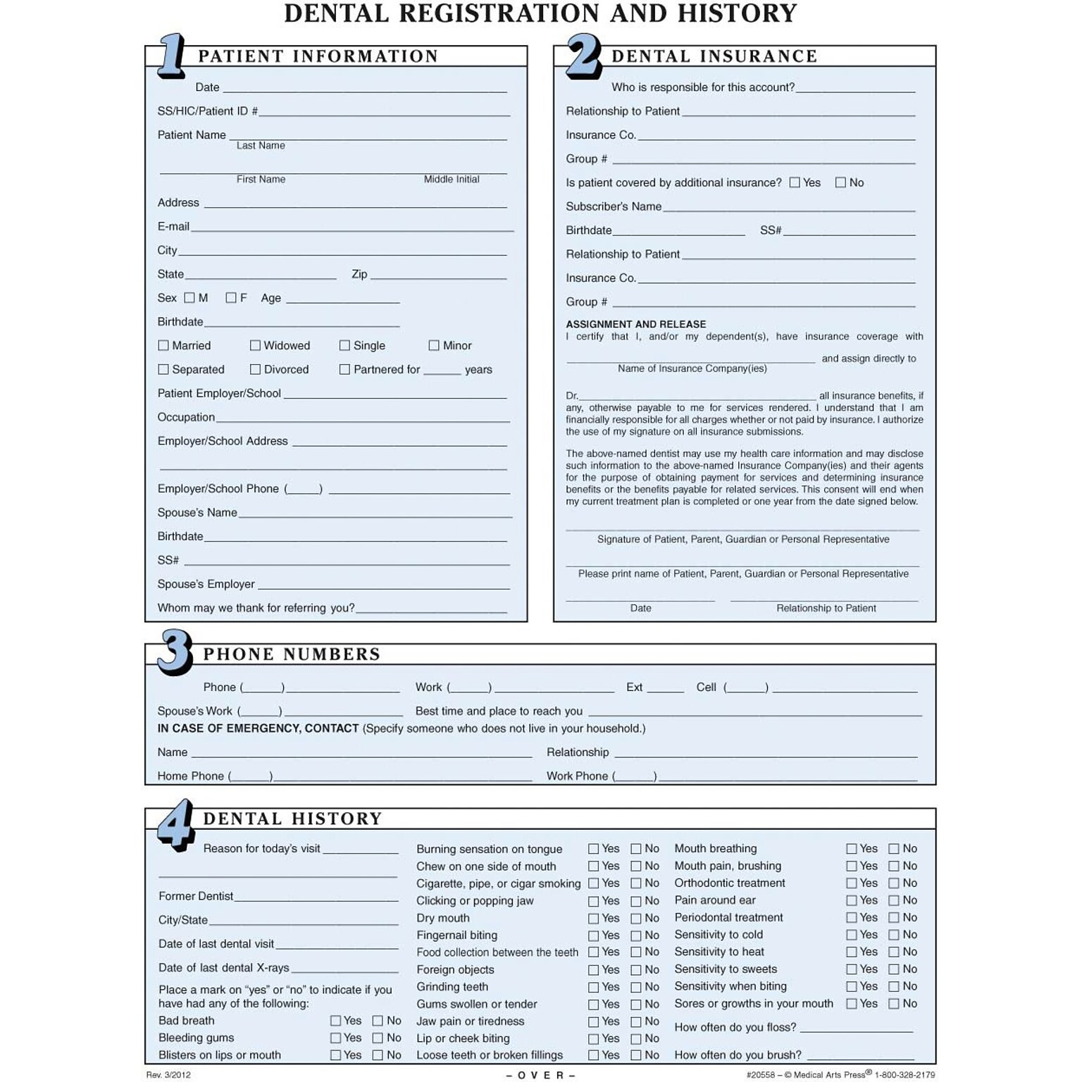 Medical Arts Press Dental Registration Forms, 250/Pack (20558)
