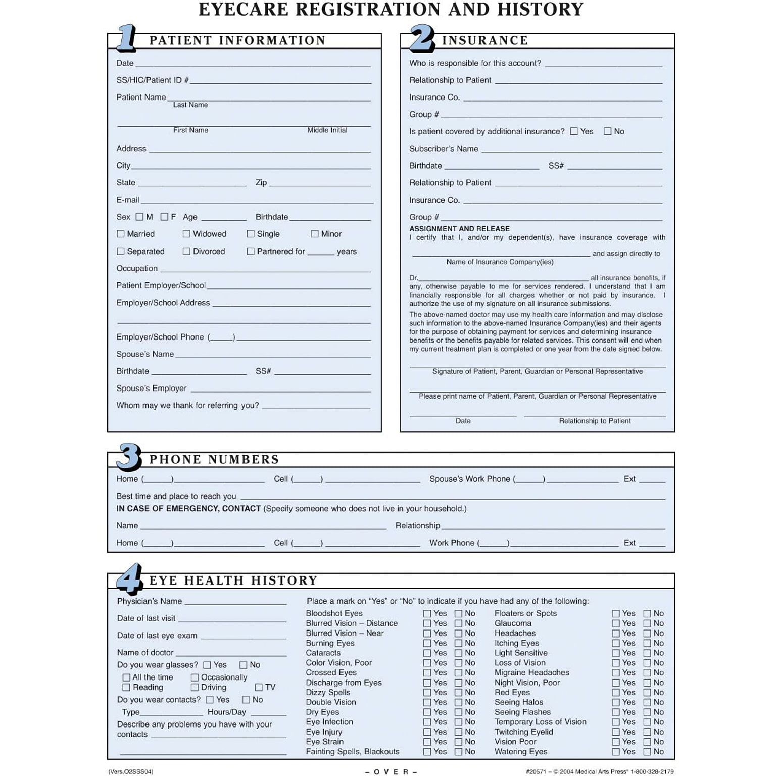 Medical Arts Press® Eye Care Registration Form, Numbered Sections