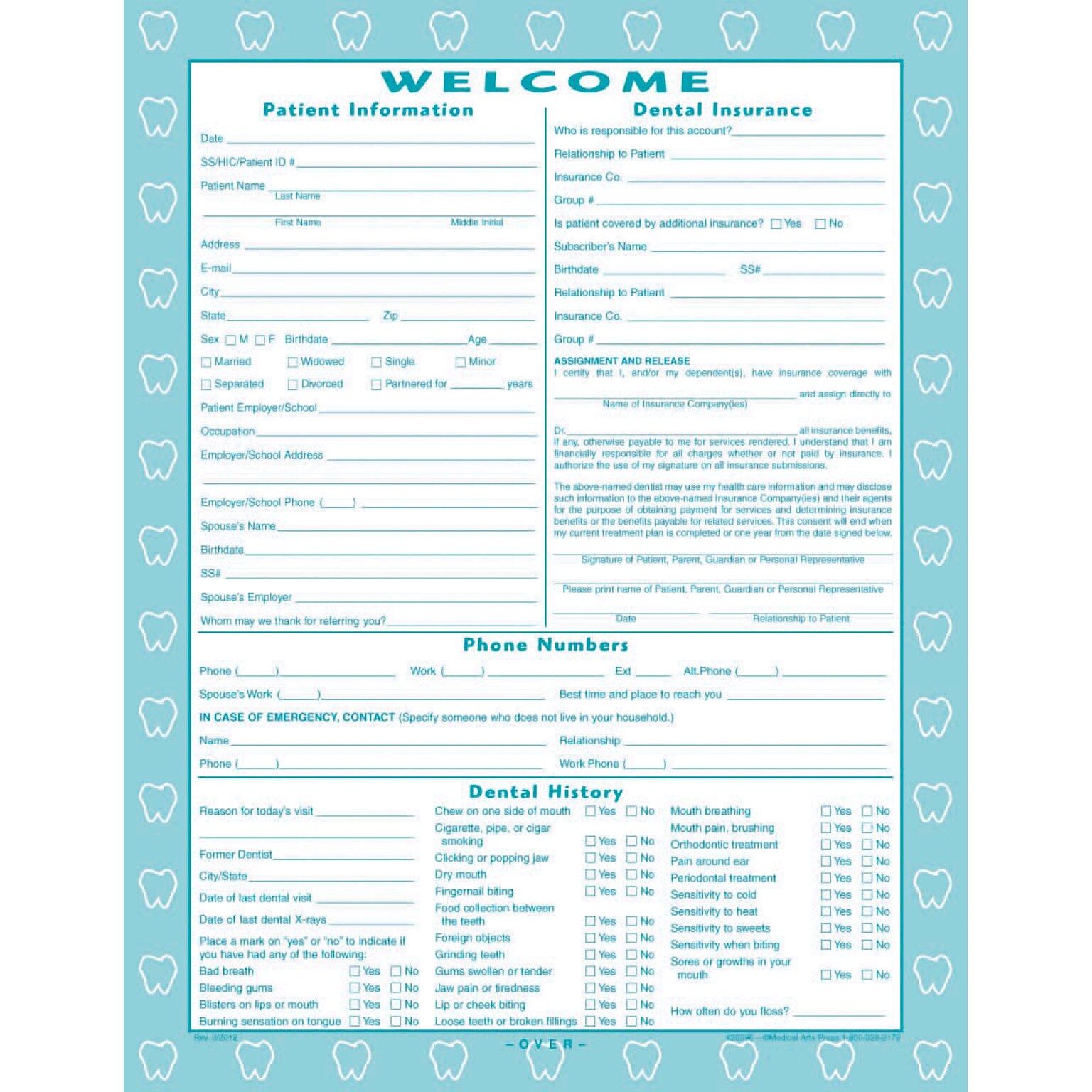 Medical Arts Press® Dental Registration and History Form; Tooth Border, 250 Sheets/Pack (20596)