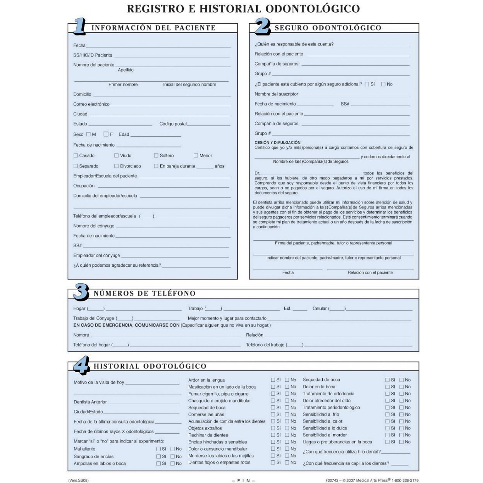 Medical Arts Press Dental Registration Forms Featuring Updates Section; Sky Blue, Spanish (20743)