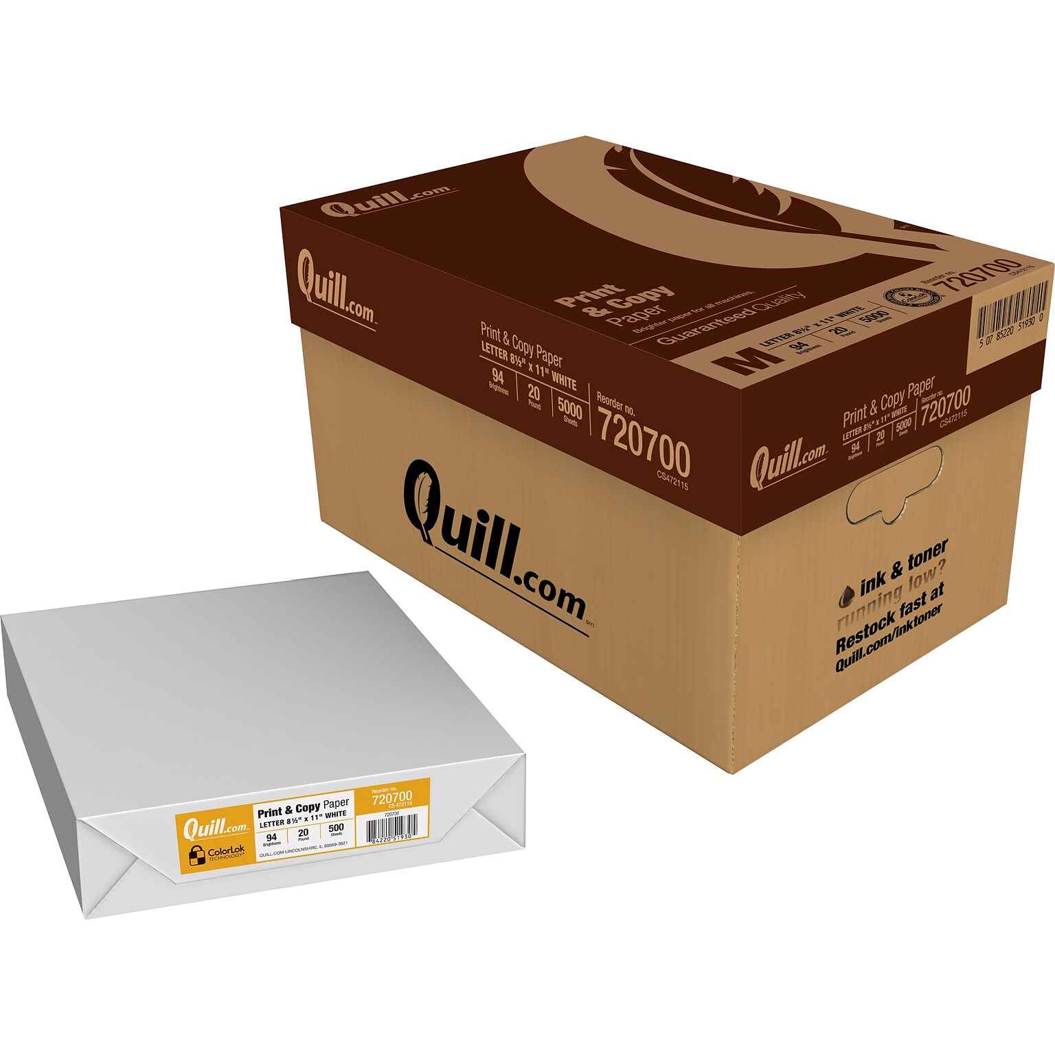Quill Brand® 8.5 x 11 Multipurpose Copy Paper, 20 lbs., 94 Brightness, 40 Cartons/Pallet (720700TL)