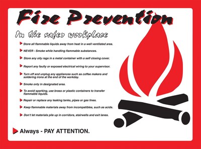 ACCUFORM SIGNS® Safety Poster, FIRE PREVENTION IN SAFER WORKPLACE, 20x32, Laminated Flex Plastic