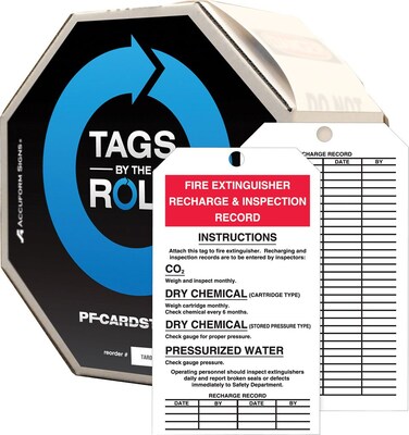 Accuform Tag By-The-Roll, FIRE EXTINGUISHER RECHARGE & INSPECTION, 6 1/4x3 Cardstock, 100/Roll (TAR710)