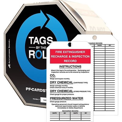 ACCUFORM SIGNS® Tag By-The-Roll, FIRE EXTINGUISHER RECHARGE & INSPECTION, 6¼x3 Cardstock, 100/RL