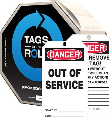 Accuform Tags By-The-Roll, DANGER OUT OF SERVICE, 6 1/4 x 3, PF-Cardstock, 100/Roll (TAR118)