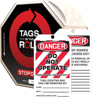 Accuform Tag By-The-Roll, DANGER DO NOT OPERATE EQUIPMENT LOCK OUT, 6 1/4x3 Cardstock, 100/Roll (T