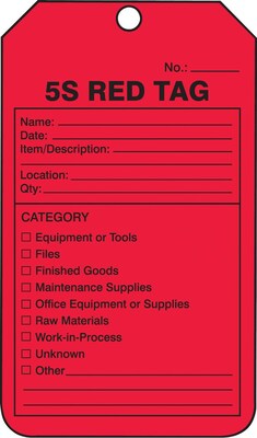 Accuform Production Control Tag, 5S RED TAG, 5 3/4 x 3 1/4, RP-Plastic, 25/Pack (MMT105PTP)