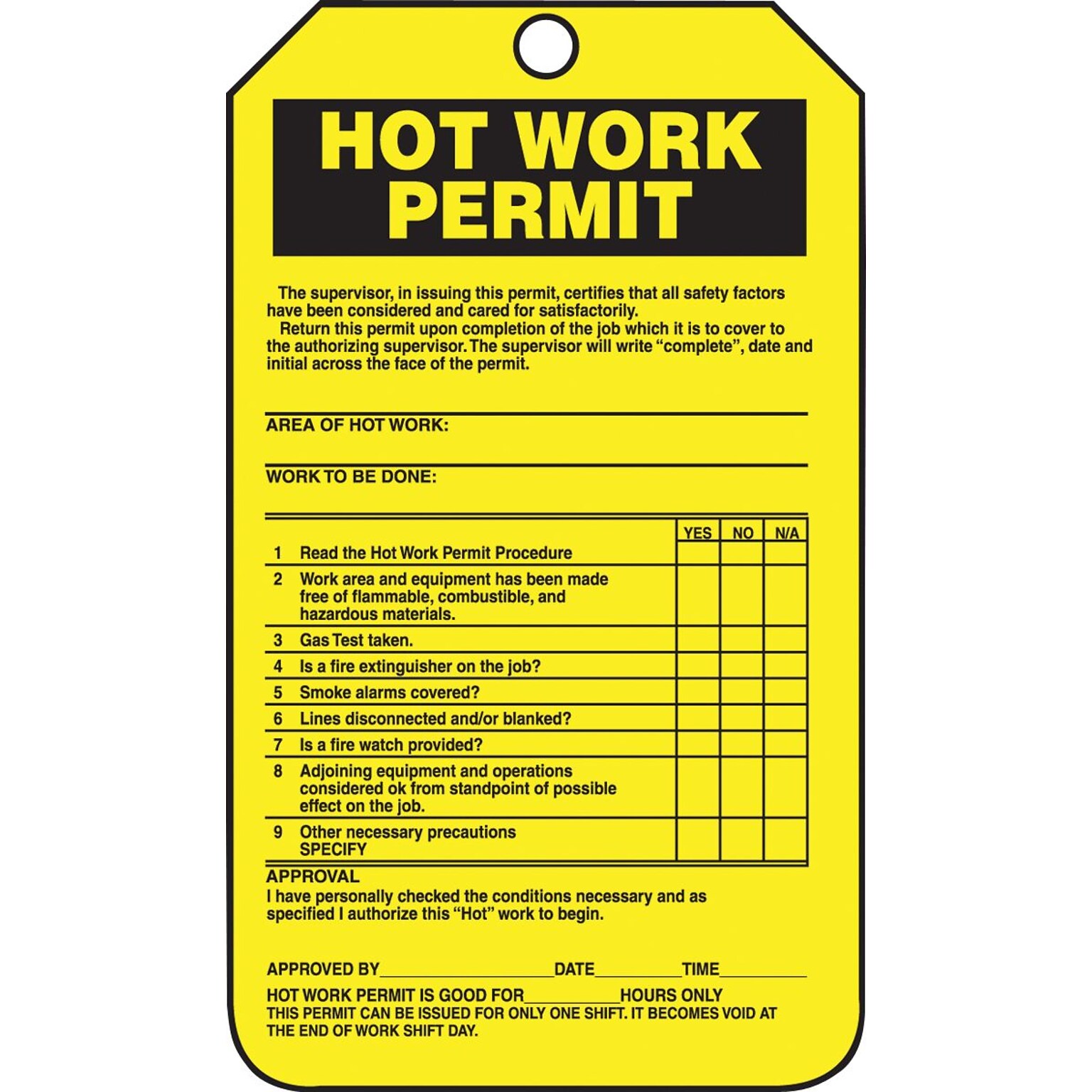 Accuform Safety Tag, HOT WORK PERMIT, 5 3/4 x 3 1/4, PF-Cardstock, 25/Pack (TCS361CTP)