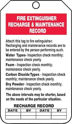 Accuform Safety Tag, FIRE EXTINGUISHER RECHARGE MAINTENANCE RECORD, 5¾x3¼ Cardstock, 25/Pack (TRS2