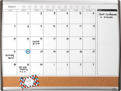 Staples® 2W x 1.5H Magnetic Cork & Dry Erase Calendar Whiteboard, Black/Silver Frame (52487/28214)