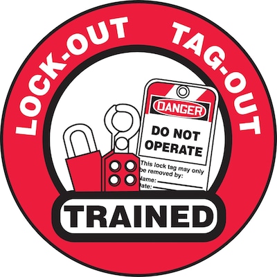 Accuform Hard Hat/Helmet Decal, LOCK-OUT TAG-OUT TRAINED, 2 1/4, Adhesive Vinyl, 10/Pack (LHTL344)