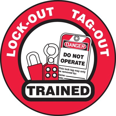 Accuform Hard Hat/Helmet Decal, LOCK-OUT TAG-OUT TRAINED, 2 1/4, Adhesive Vinyl, 10/Pack (LHTL344)