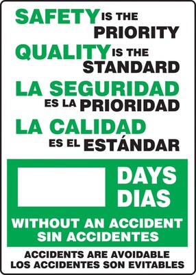 ACCUFORM SIGNS® Bilingual Write-A-Day; SAFETY IS PRIORITY, QUALITY STANDARD # DAYS, 20x14 Plastic
