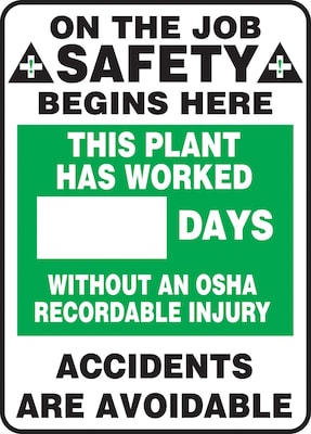 Accuform Write-A-Day, PLANT WORKED # DAYS W/OUT OSHA RECORDABLE INJURY, 28x20, Plastic (MSR247PL)