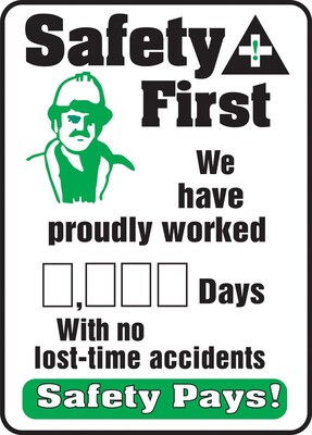 Accuform Write-A-Day Scoreboard; SAFETY FIRST- WORKED # DAYS NO ACCIDENTS, 20x14, Plastic (MSR135PL)
