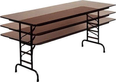 Correll® 30"D x 60"L Adjustable Height Heavy Duty Folding Table; Walnut Melamine Laminate Top