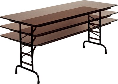 Correll® 30"D x 60"L Adjustable Height Heavy Duty Folding Table; Walnut Melamine Laminate Top