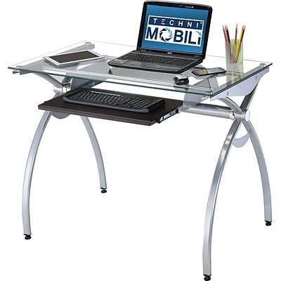 Techni Mobili Glass Top Computer Desk With Pull-Out Keyboard Panel, Clear