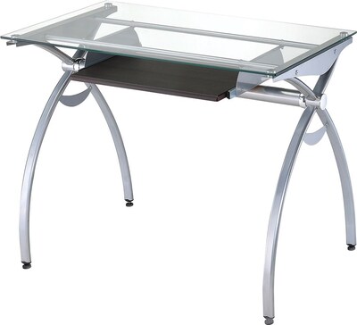 Techni Mobili Glass Top Computer Desk With Pull-Out Keyboard Panel, Clear