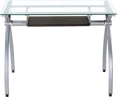 Techni Mobili Glass Top Computer Desk With Pull-Out Keyboard Panel, Clear