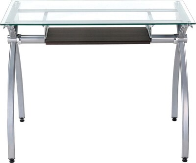 Techni Mobili Glass Top Computer Desk With Pull-Out Keyboard Panel, Clear