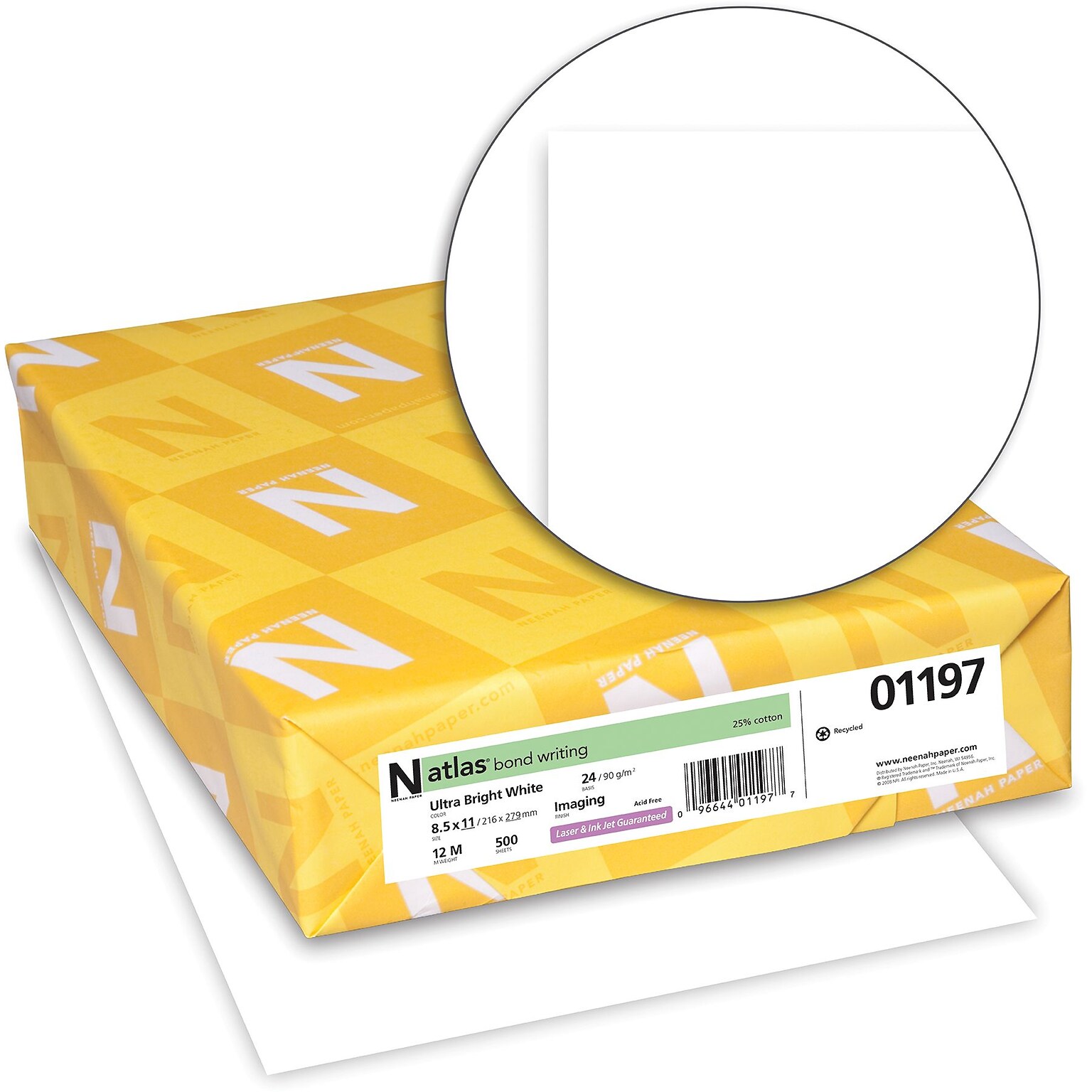 ATLAS 25% Cotton Bond, 8 1/2 x 11, 24 lb., Imaging Paper, Ultra Bright White, 500/Ream